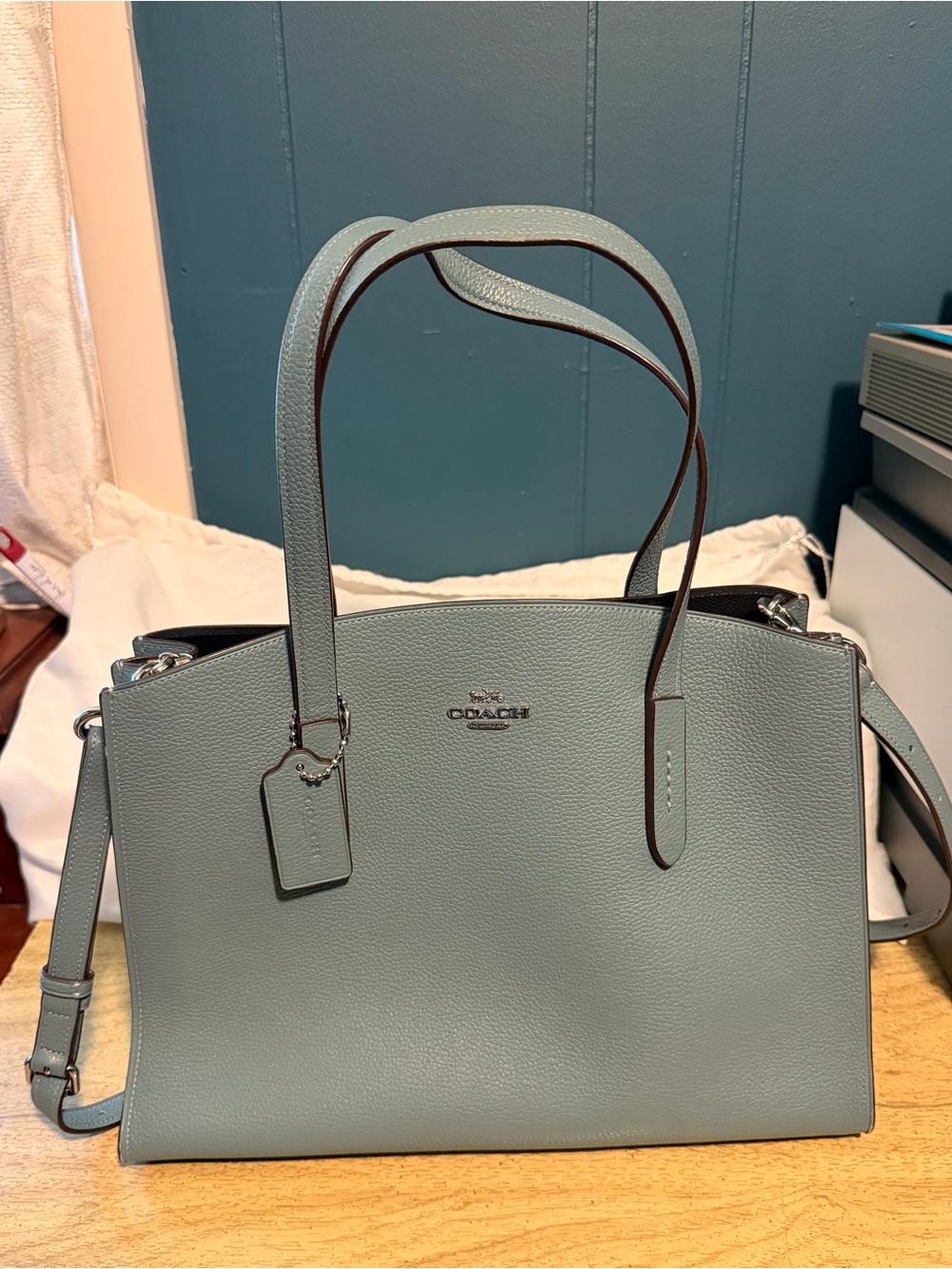Coach Pebbled Leather Tote in Dusty Blue Gray